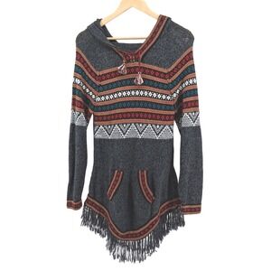 Artesania Edm Alpaca Wool Sweater Hoodie Fringe Tunic Gray‎ Multicolor Peru Sz L